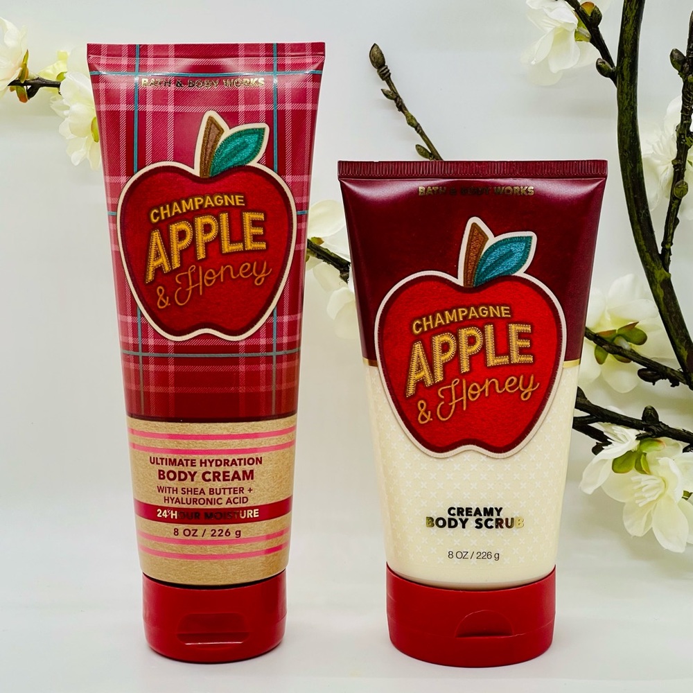 Bath and Body Works Champagne Apple & Honey Body Cream, Body Scrub 2-Pc Bundle